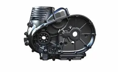 Motorcycle engine casing with integrated transmission and gear assembly.