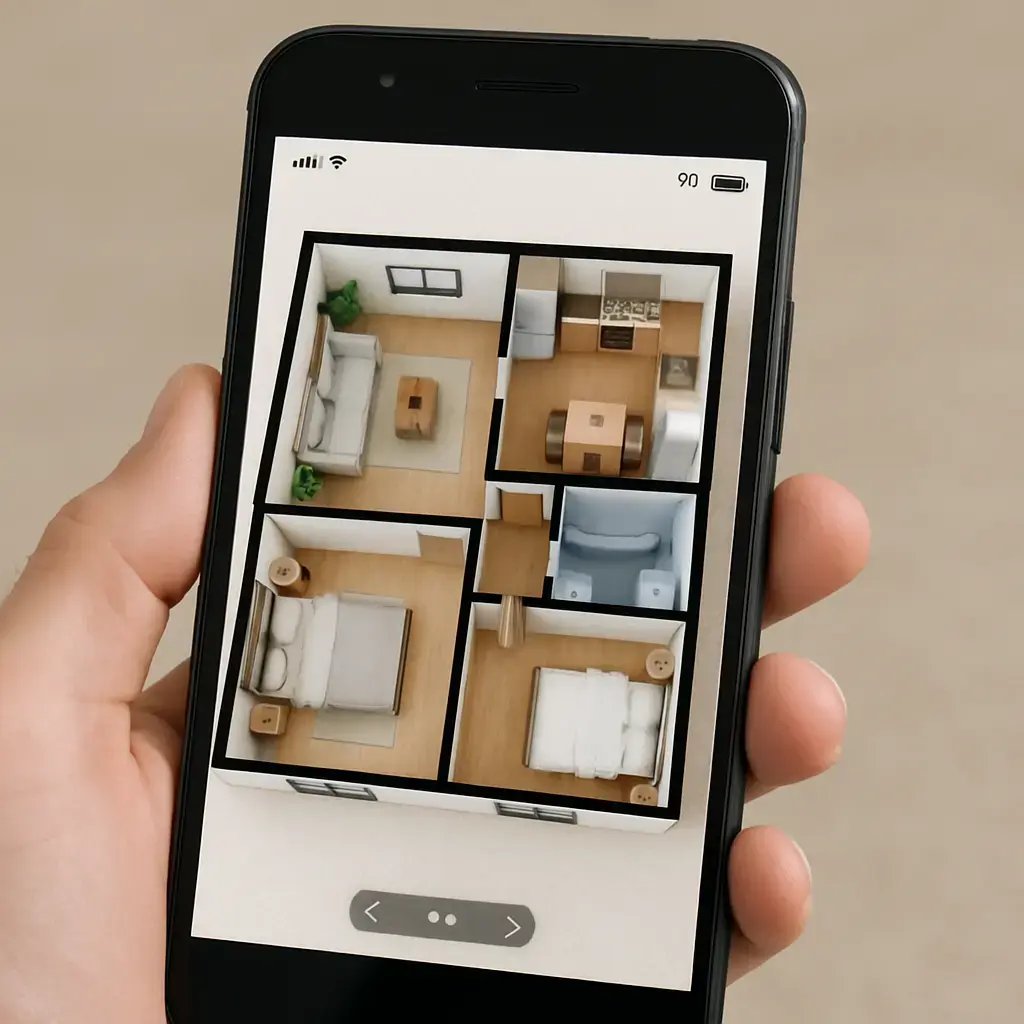 3d rendered floor plan of a 2 bhk house