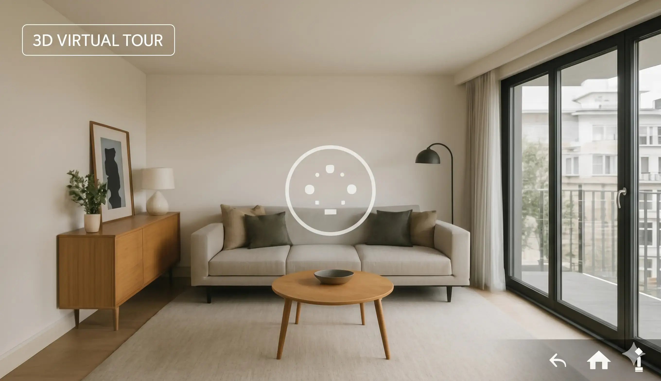 A wide-angle, high-resolution view of a modern, minimalist living room presented as a 3D virtual tour interface. The scene features a neutral-toned sofa with earth-toned pillows, a wooden coffee table, and large glass balcony doors that provide a view of an urban exterior. Overlay elements include a "3D VIRTUAL TOUR" label in the top-left corner, a central interactive navigation icon, and interface controls at the bottom for home and information.