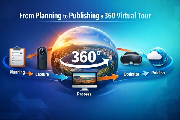 A horizontal 169 landscape infographic for a blog header titled From Planning to Publishing a 360 Virtual Tour Clean modern design with a flowing left