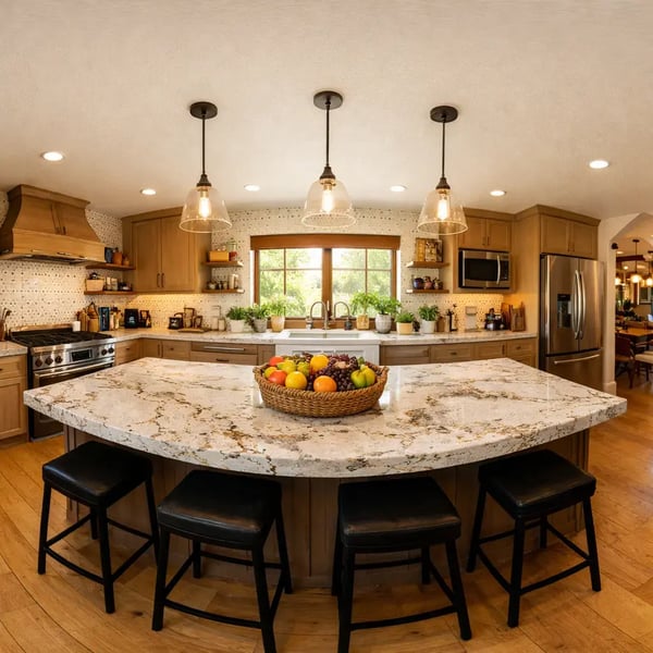 In a sundrenched kitchen warm earth tones create a cozy atmosphere ideal for a 360degree panorama The centerpiece is a stunning island crafted from wh