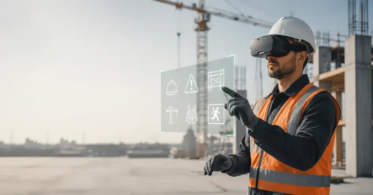 Construction worker using VR headset for safety training simulation