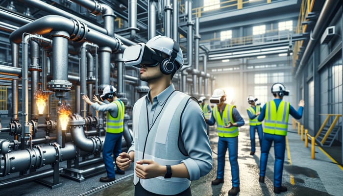 DALL·E 2024-02-21 22.28.51 - A realistic scene of employees working in the oil and gas industry, engaged in a virtual reality (VR) safety training session. The setting is an indus