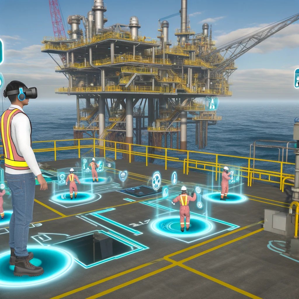 Oil and gas offshore refinery technicians training inside an immersive virtual reality compliance application powered by Unity Industry.