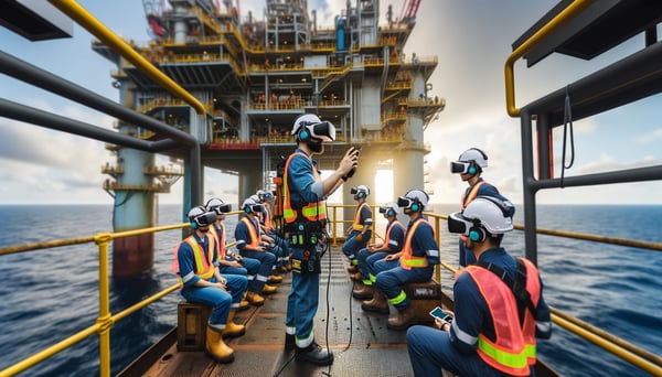 DALL·E 2024-02-21 22.40.41 - A group of employees in the oil and gas industry are participating in a virtual reality safety training session on an offshore hull. They are equipped