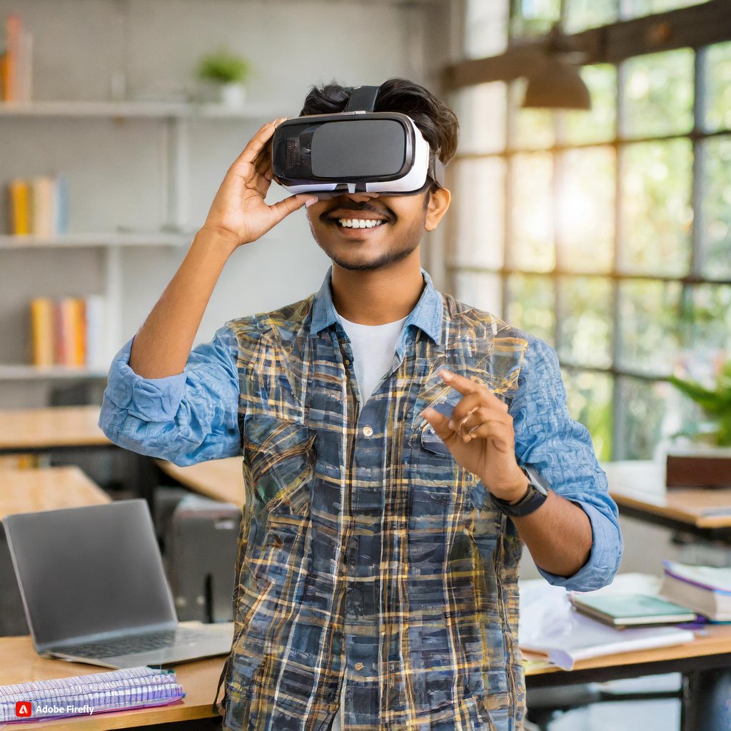 engineering college student with vr reality virtual headset testing the vr app