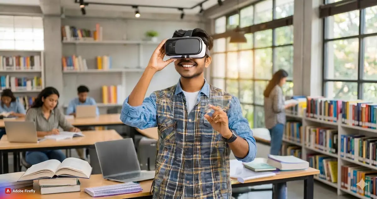 An AI-generated wide shot of a young man smiling while wearing a VR headset in a bright, modern library or educational space, with other students studying at desks in the background.