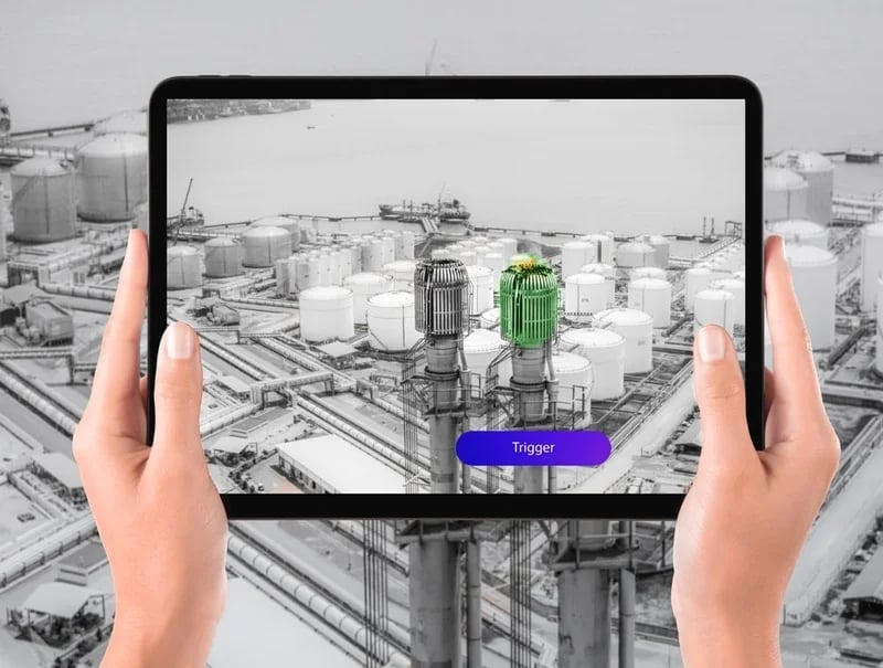 EPC contractors analyzing bathymetric subsea terrain and pipeline installation routing on a mobile tablet application using Cesium 3D Tiles.