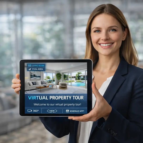 Real estate agent showcasing a property tour on a digital device