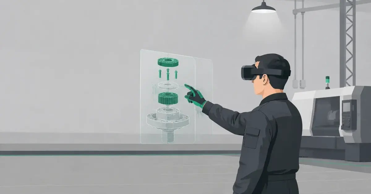 Manufacturing worker using VR headset with AR maintenance overlay, representing AR VR app development for manufacturing training