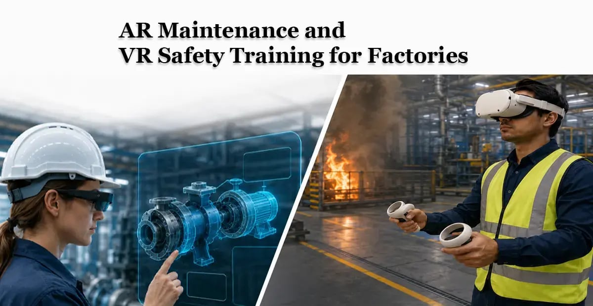 Factory workers using AR and VR technology for maintenance and safety training.