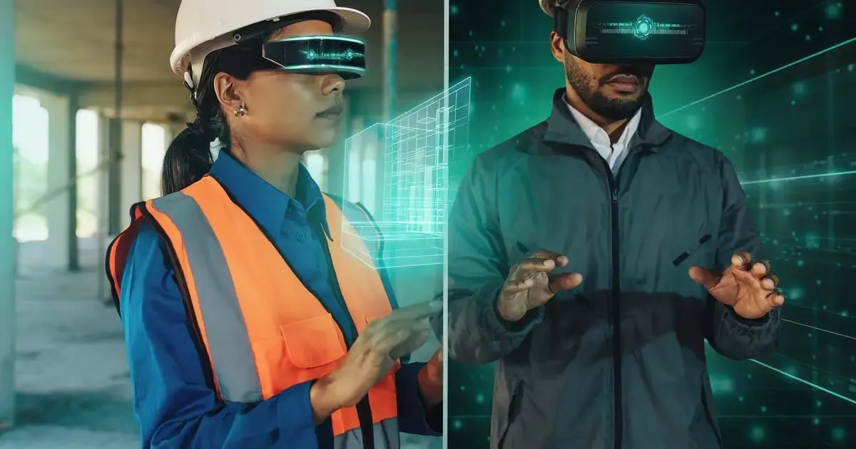 Split comparison of augmented reality building overlay and virtual reality construction walkthrough