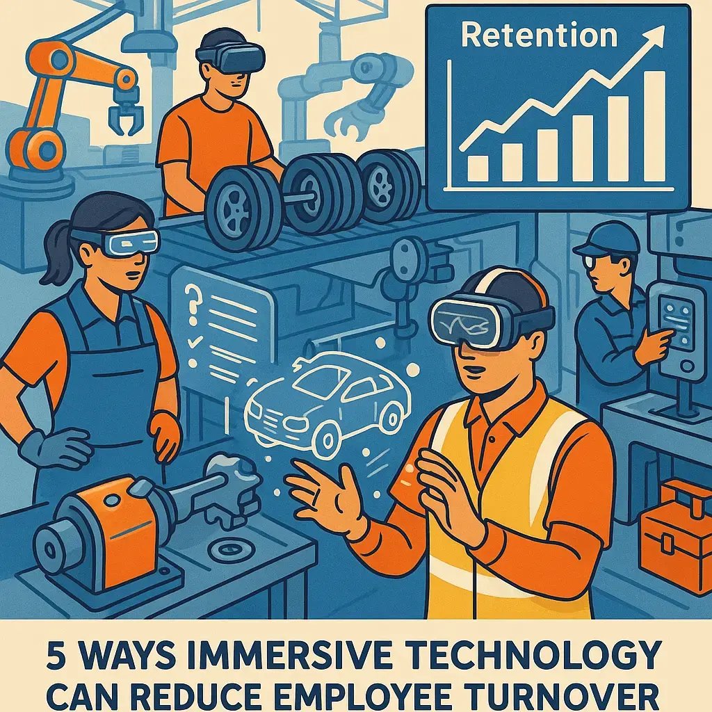 Illustrated isometric scene of an automotive component manufacturing facility where workers are using immersive technology like VR headsets and AR glasses. One employee interacts with a holographic car model, while others operate machinery and inspect components. A large digital chart in the background shows an upward trend labeled "Retention." The environment features robotic arms, factory tools, and assembly stations, emphasizing a blend of technology, training, and manufacturing. The color palette includes shades of orange, blue, and grey for a modern, professional look. The caption at the bottom reads: “5 Ways Immersive Technology Can Reduce Employee Turnover.”