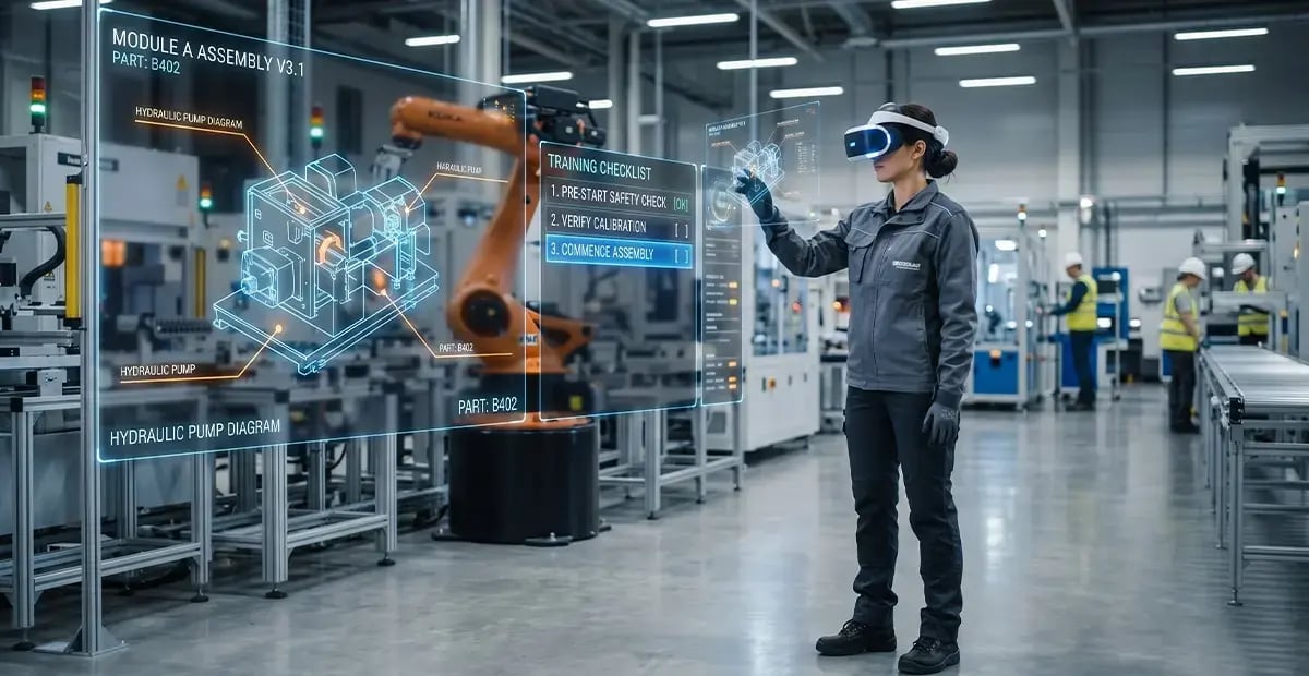 A plant manager in the shop floor experiencing the machine process using apple vision pro