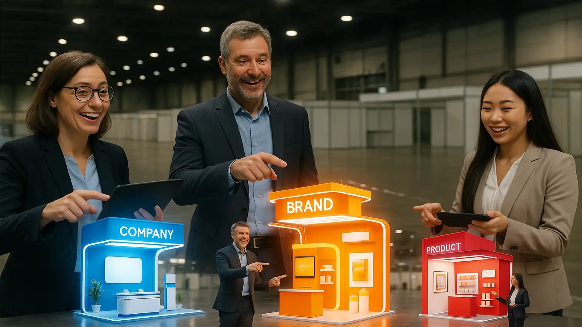 Three representives belonging to a real estate company exhibiting their booth using web  ar solutions