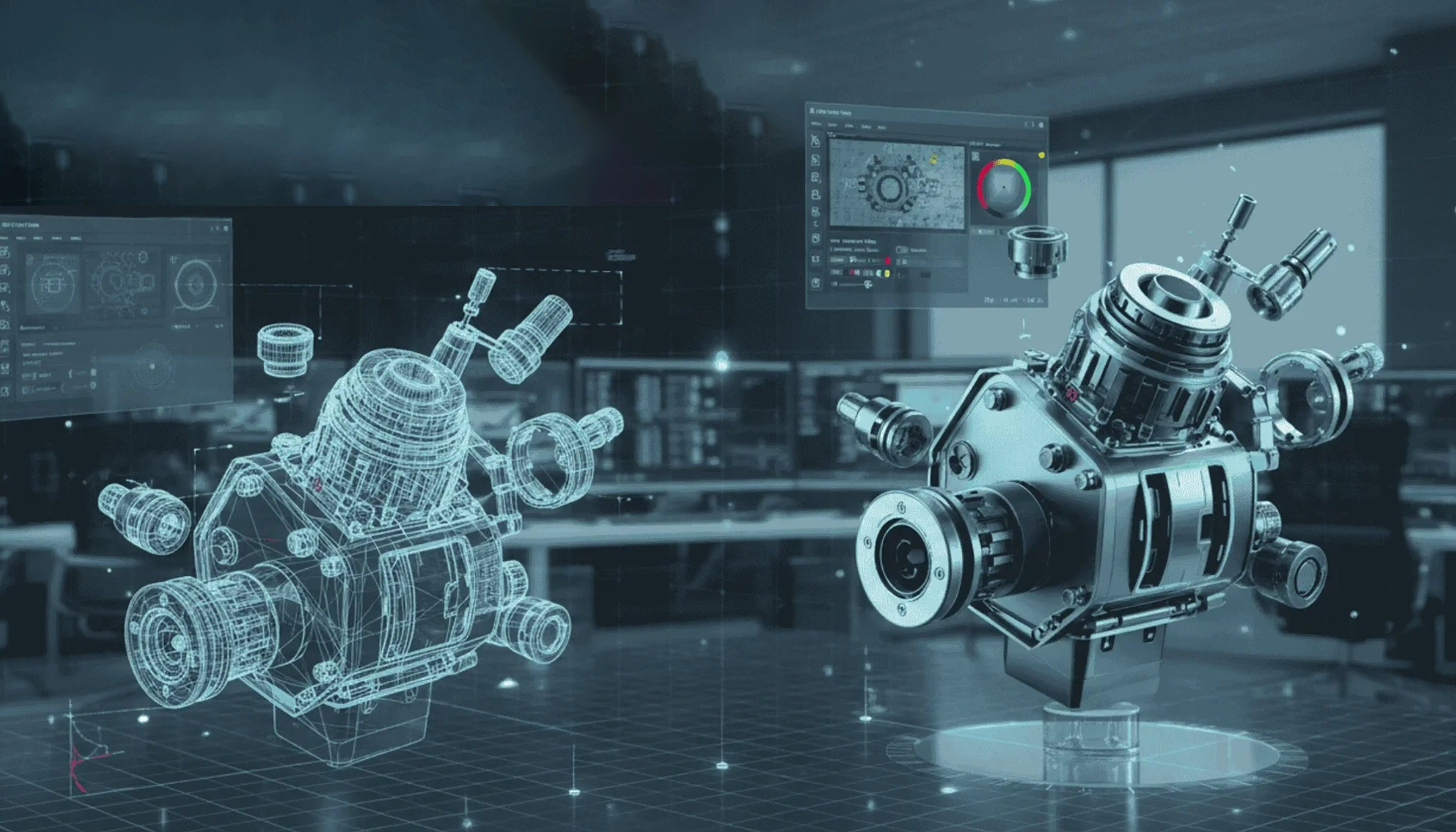 A high-tech lab displaying a 3D mechanical model.