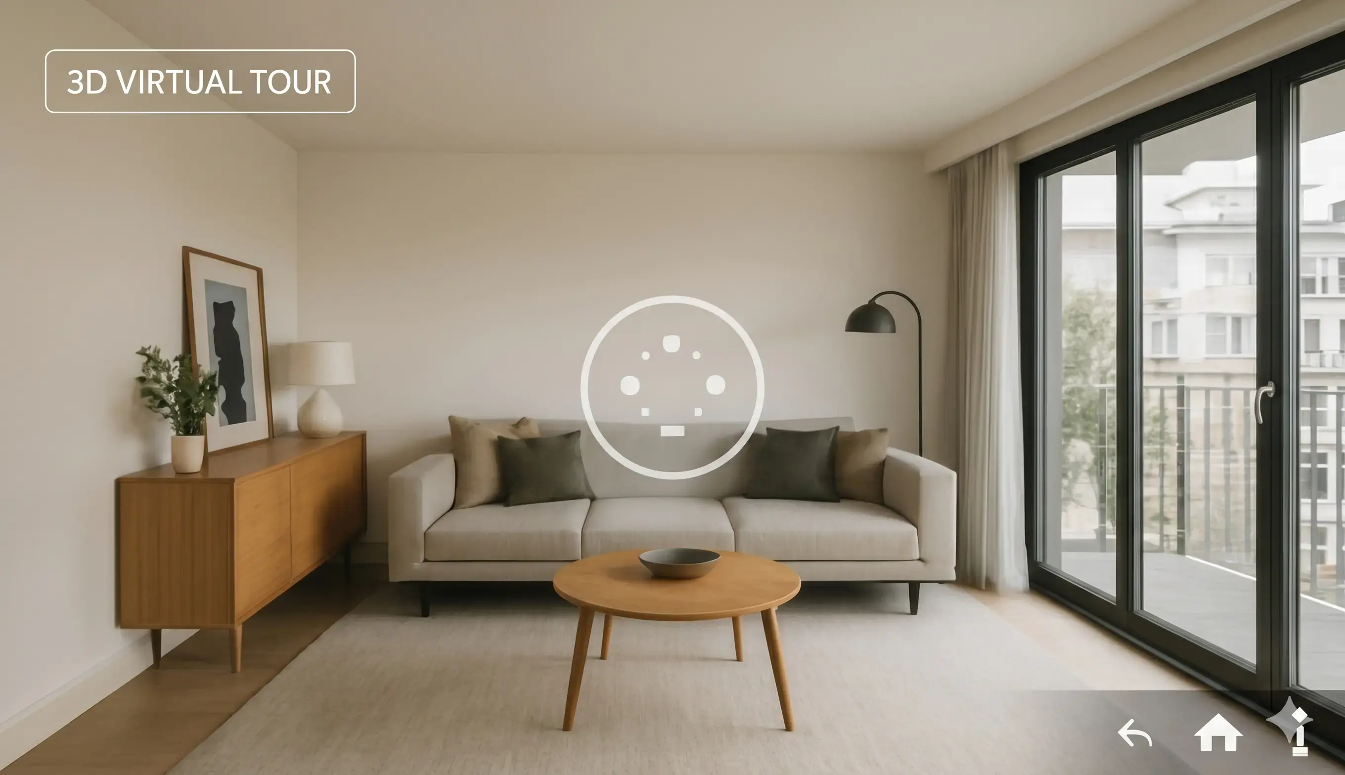 A wide-angle, high-resolution view of a modern, minimalist living room presented as a 3D virtual tour interface. The scene features a neutral-toned sofa with earth-toned pillows, a wooden coffee table, and large glass balcony doors that provide a view of an urban exterior. Overlay elements include a "3D VIRTUAL TOUR" label in the top-left corner, a central interactive navigation icon, and interface controls at the bottom for home and information.