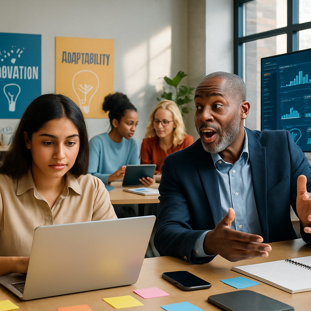 The image depicts a diverse group of professionals engaged in a modern workspace buzzing with activity In the foreground a young woman of South Asian-1