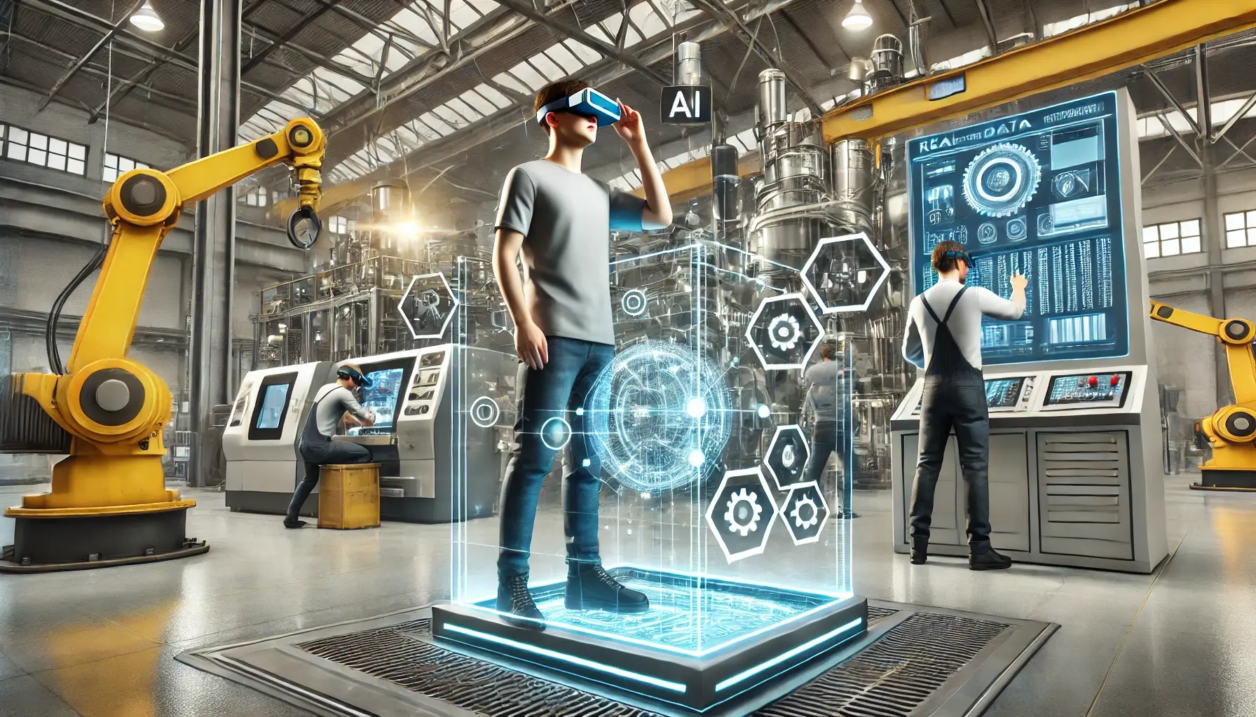 A futuristic manufacturing scene featuring workers using augmented reality (AR) glasses to interact with virtual 3D models, while others engage with machinery in a virtual reality (VR) environment. The high-tech factory floor is filled with large industrial machines, AI-powered real-time data displays, and modern equipment, showcasing the integration of AR, VR, and AI in manufacturing processes