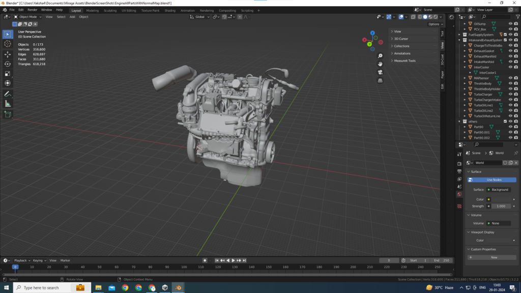 Three cylinder Volkswagen Polo engine CAD model in Blender for VR assembly line training simulation in Mesh View