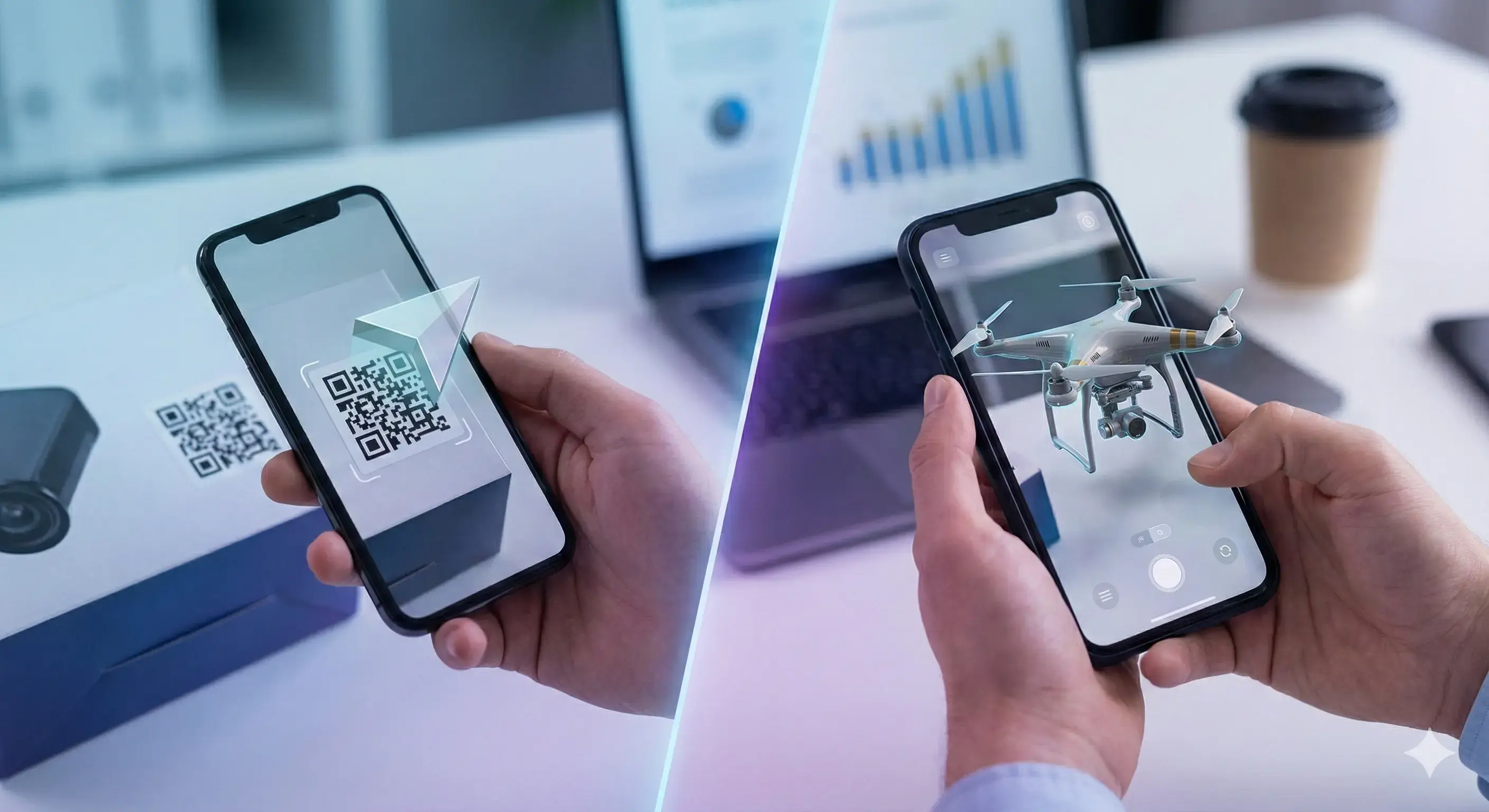 A split-screen comparison showing a smartphone scanning a QR code on a package on the left, versus a smartphone displaying a 3D augmented reality drone model on the right.