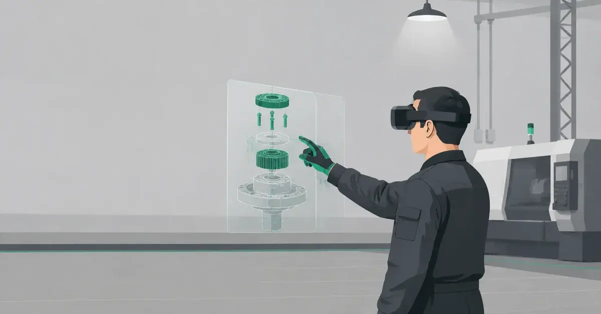 Manufacturing worker using VR headset with AR maintenance overlay, representing AR VR app development for manufacturing training