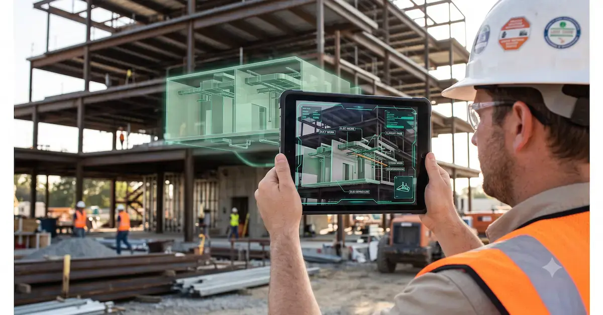Construction worker using an AR tablet to overlay a BIM model on an unfinished building frame