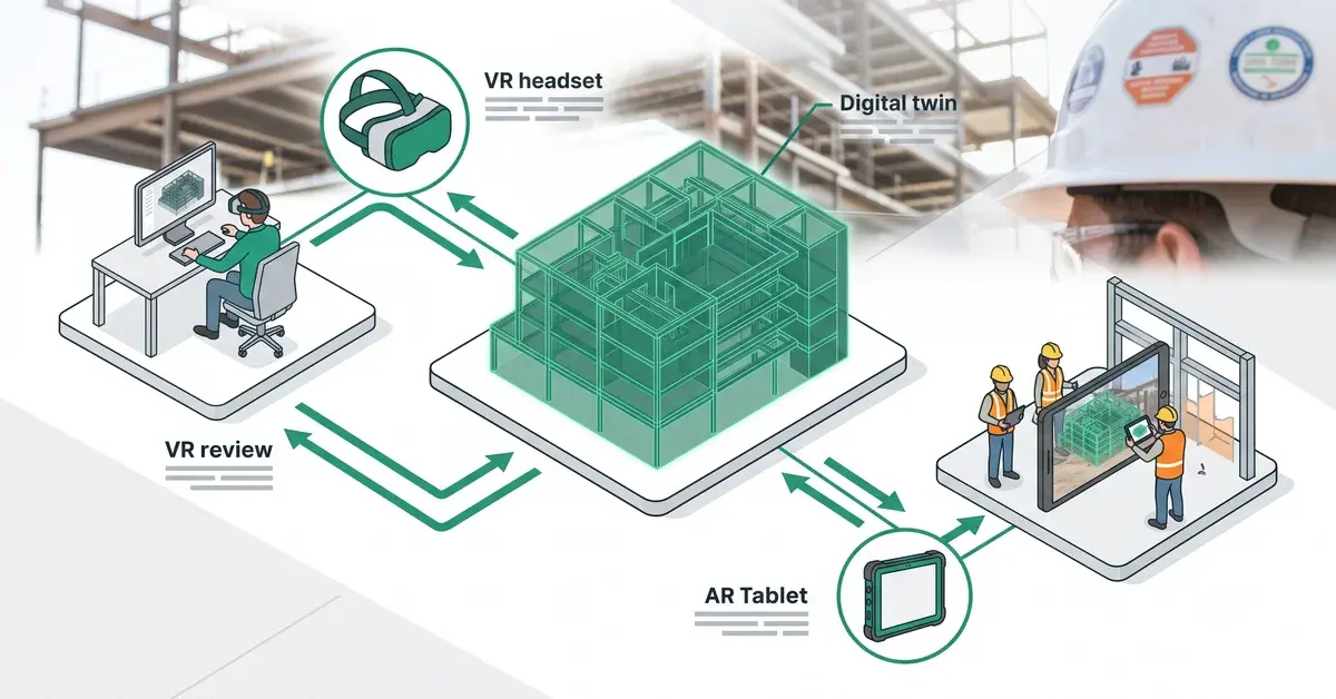 Diagram showing a shared digital twin connecting VR design review with AR on-site verification