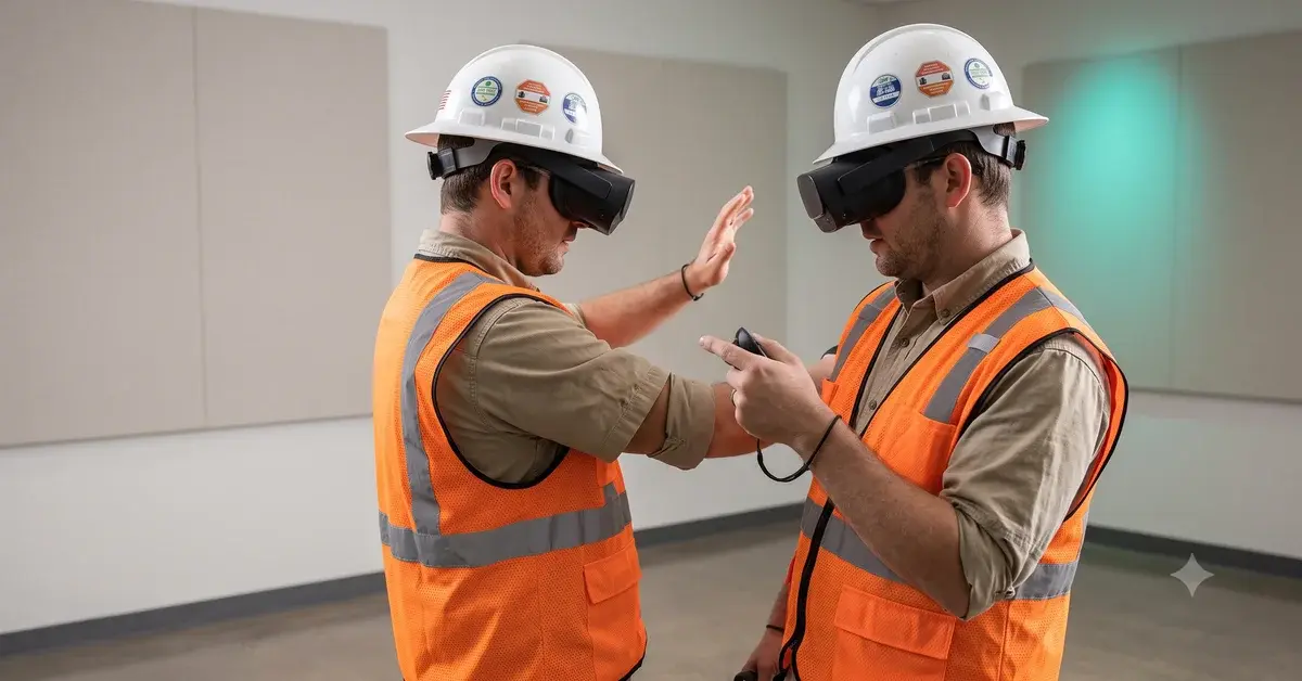 Construction worker wearing a VR headset during a simulated safety training scenario