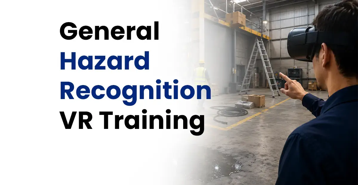 Person using VR safety training in an industrial warehouse with workplace hazards.