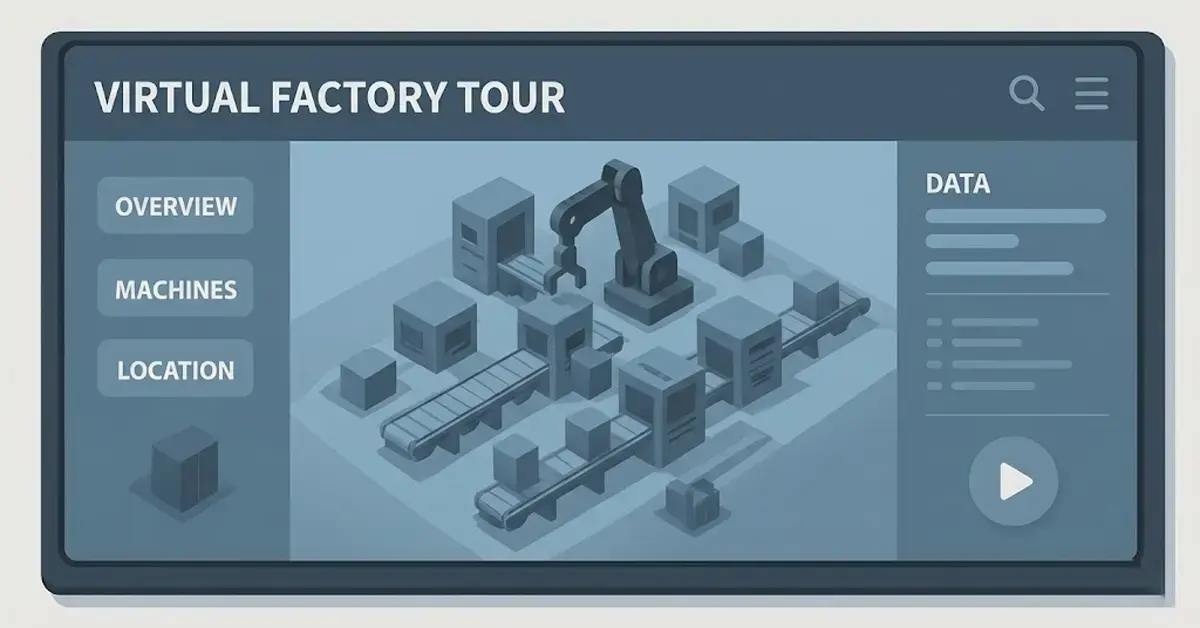 A digital interface for a "Virtual Factory Tour" featuring an isometric robotic assembly line, navigation buttons, and a data dashboard.
